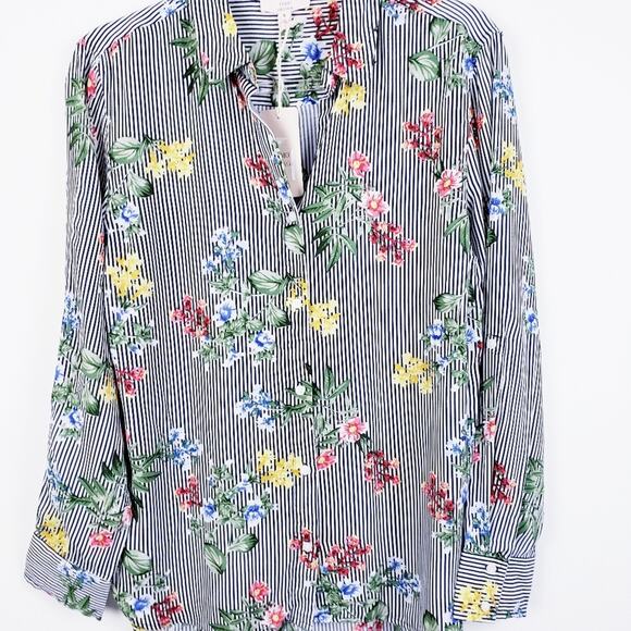 Como Vintage Blue‎ Stripe Floral Button Down Blouse Size Small NWT - Picture 4 of 6